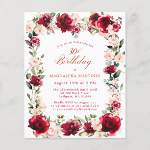 BUDGET 30th Birthday Red Rose Pink Peony Invite