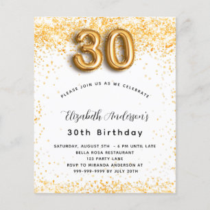 Budget 30th birthday white gold glitter invitation