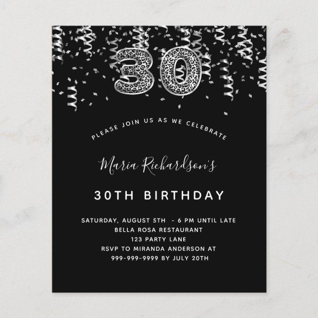 Budget 30th black silver leopard invitation (Front)