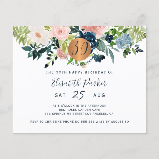 Budget 30th floral birthday party Invitation Flyer (Front)