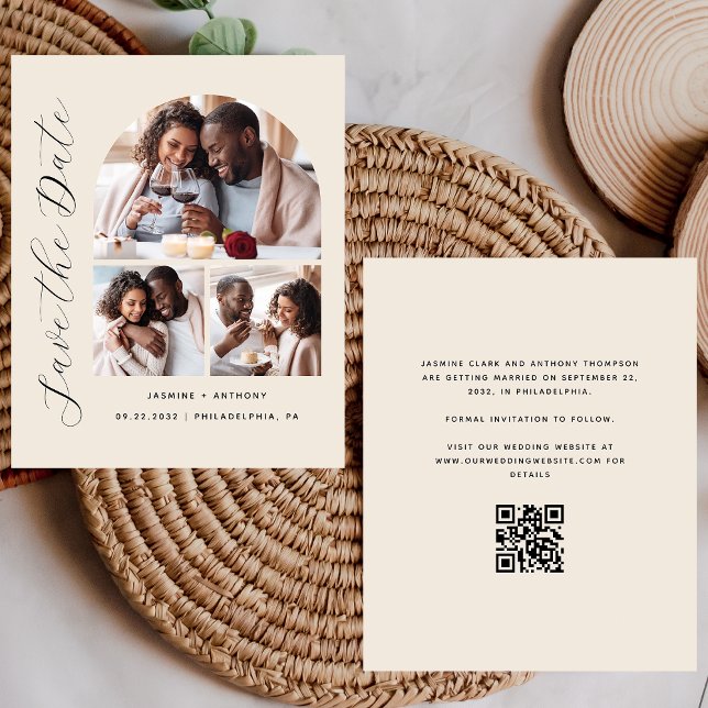 Budget 3-Photo Beige QR Code Save the Date (Creator Uploaded)