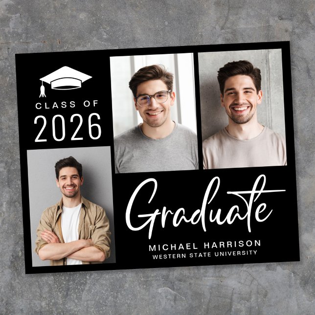 Budget 3 Photo Black Graduation Announcement (Cherish the milestone: share your graduate's achievement with a custom photo graduation announcement)