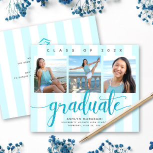 Budget 3 photo blue glitter graduation invitation