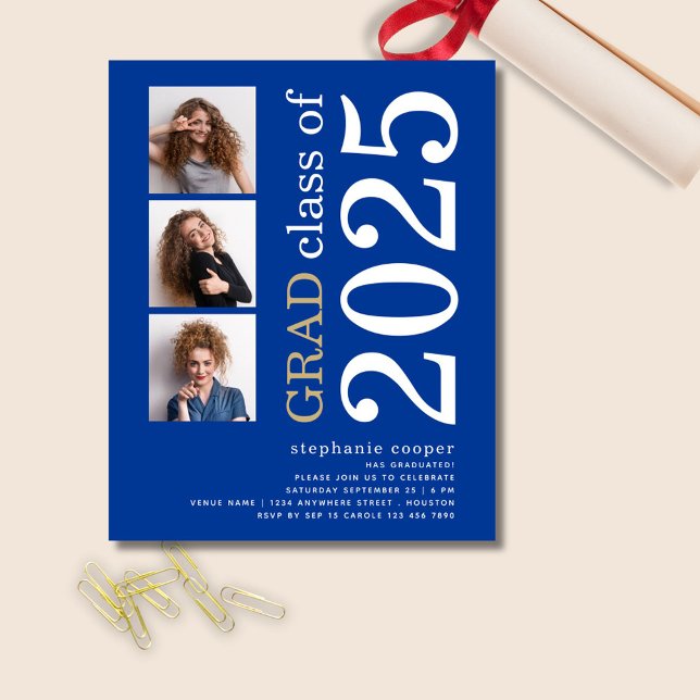 Budget 3 photo Bold 2025 Blue Graduation Invite (front view)
