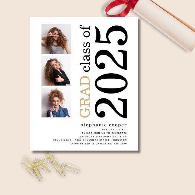 Budget 3 photo Bold 2025 White Graduation Invite (front view)