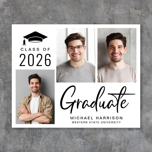 Budget 3 Photo Bold Script Graduation Announcement (Cherish the milestone: share your graduate's achievement with a custom photo graduation announcement)