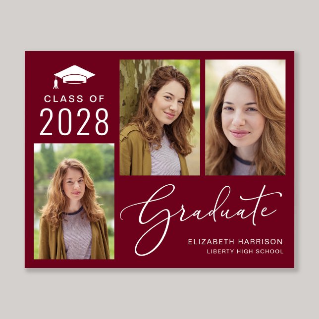 Budget 3 Photo Burgundy Graduation Announcement (An elegant photo collage graduation announcement to celebrate the graduate's achievements)