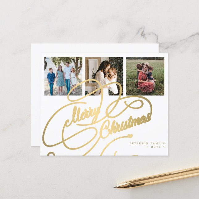 Budget 3 photo collage Christmas Holiday Card (Front/Back In Situ)