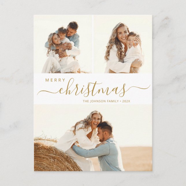 Budget 3 Photo Collage Script Christmas Holiday Postcard (Front)