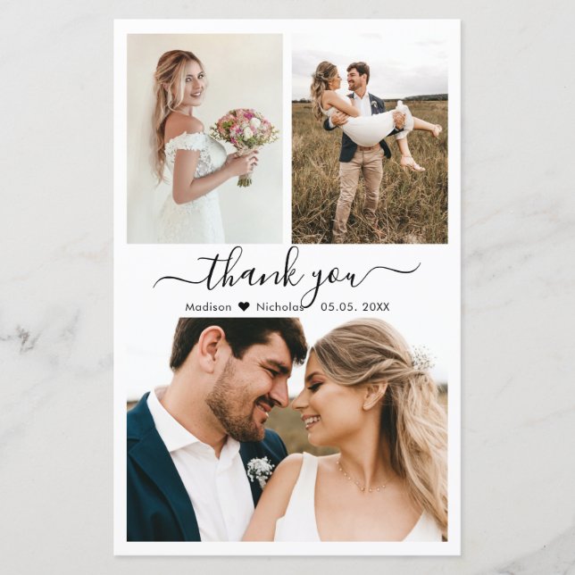 Budget 3 Photo Collage Wedding Thank You Card (Front)