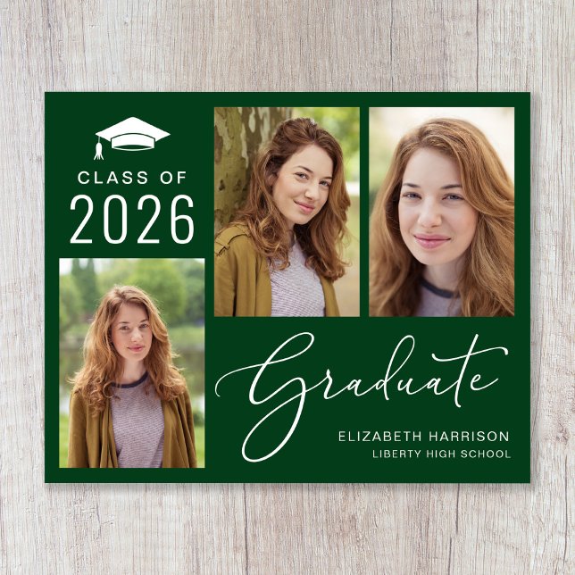 Budget 3 Photo Green Graduation Announcement (An elegant photo collage graduation announcement to celebrate the graduate's achievements)