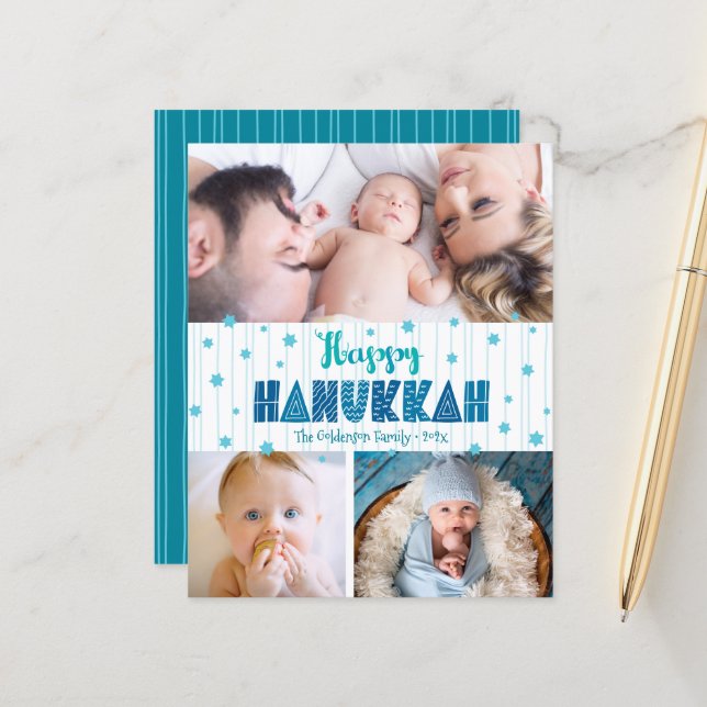 Budget 3 Photo Happy Hanukkah Turquoise Stars Card (Front/Back In Situ)