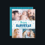 Budget 3 Photo Happy Hanukkah Turquoise Stars Card<br><div class="desc">“Happy Hanukkah.” Fun, playful, whimsical handcrafted typography and a random Star of David pattern in light turquoise blue, all overlaying light aqua blue hand drawn lines on a white background, along with 3 photos of your choice, help you usher in Hanukkah. Hand drawn turquoise lines overlay a teal blue background...</div>