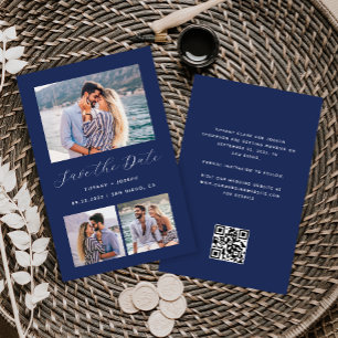 Budget 3-Photo Navy Blue QR Code Save the Date