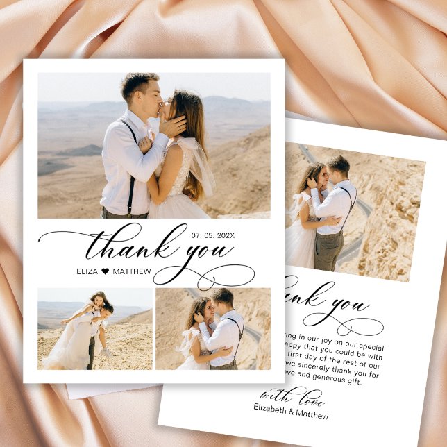 Budget 3 Photo Script Heart Wedding Thank You Card (Creator Uploaded)