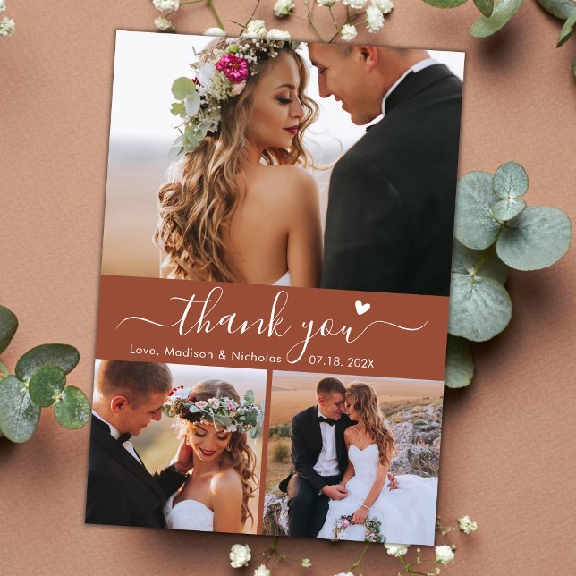 Budget 3 Photo Terracotta Script Wedding Thank You Postcard (Creator Uploaded)