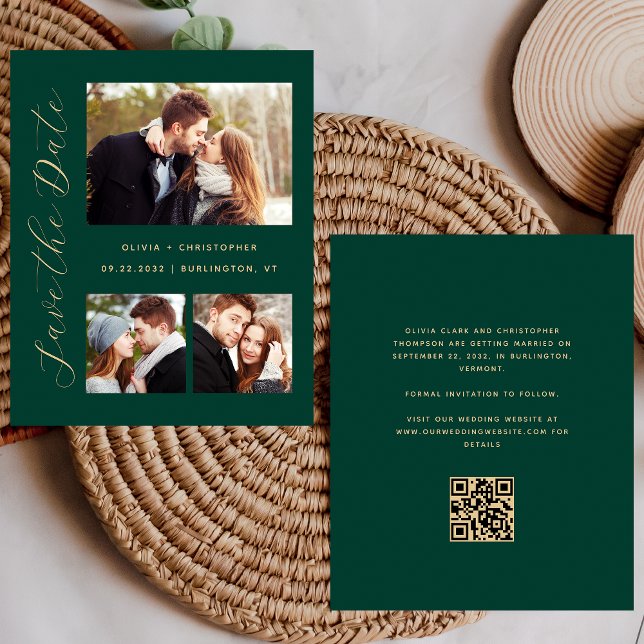 Budget 3 Photos Emerald Gold QR Code Save the Date (Creator Uploaded)