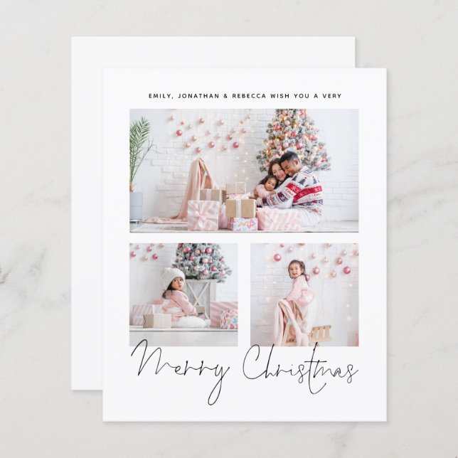 BUDGET 3 Photos Family Script Merry Christmas Card (Front/Back)