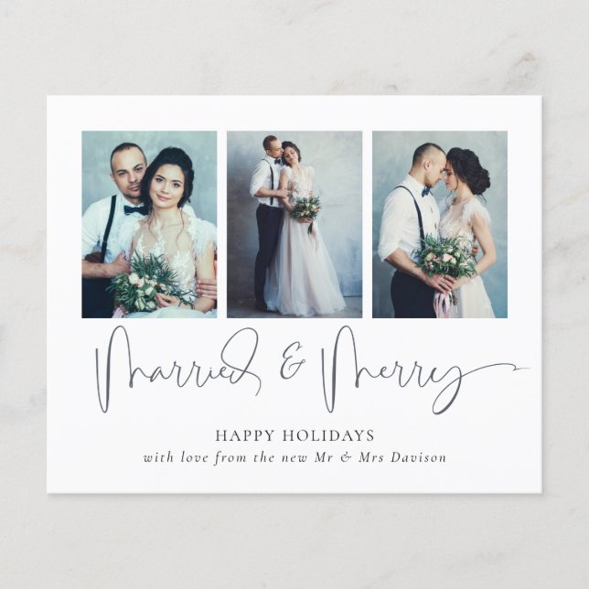 BUDGET 3 Photos Married Merry Christmas Card (Front)
