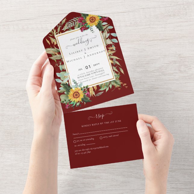BUDGET 3in1 Burgundy Sunflowers Wedding RSVP All In One Invitation (Tearaway)