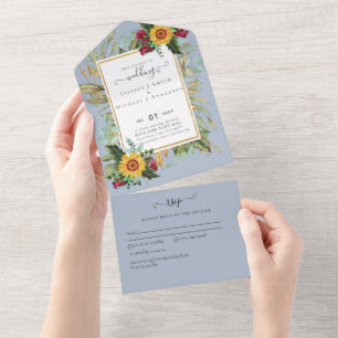 BUDGET 3in1 Burgundy Sunflowers Wedding RSVP All In One Invitation