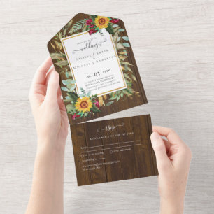 BUDGET 3in1 Burgundy Sunflowers Wedding RSVP All In One Invitation