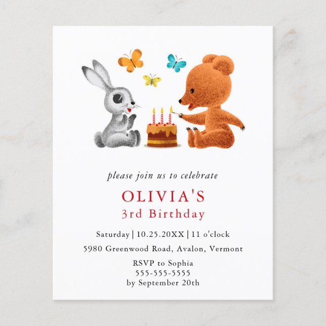 Budget 3rd Birthday Teddy Bear Bunny Invitation (Front)