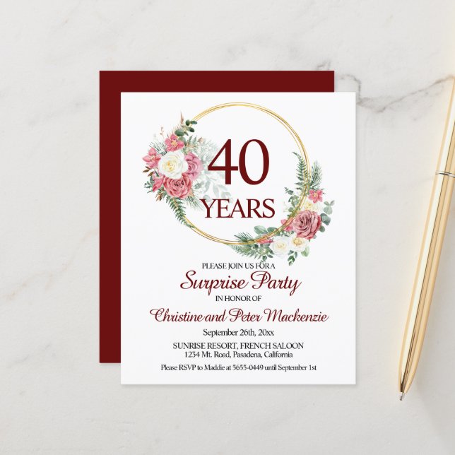 Budget 40th Anniversary Surprise Party Invitation (Front/Back In Situ)