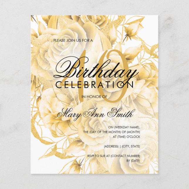 Budget 40th Birthday Floral Gold Invite Flyer (Front)