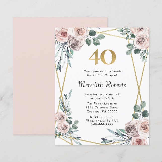Budget 40th Birthday Floral Gold Party Invite (Front/Back)