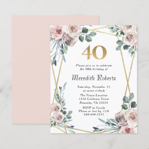 Budget 40th Birthday Floral Gold Party Invite