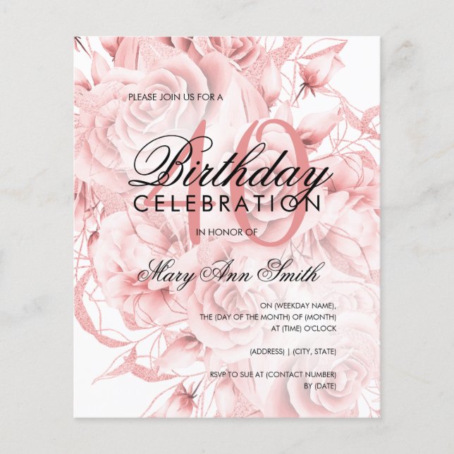 Budget 40th Birthday Floral Rose Gold Invite Flyer (Front)