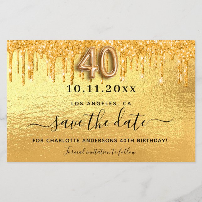 Budget 40th birthday gold glitter save the date (Front)