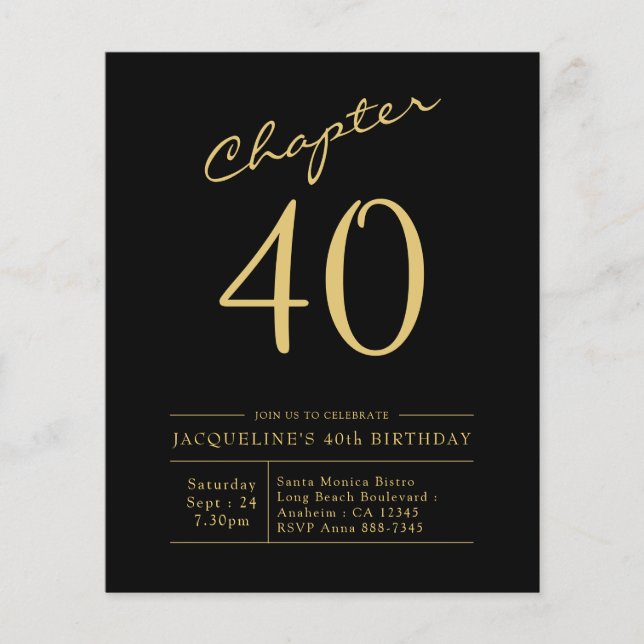 Budget 40th Birthday Invitation Black Gold Flyer (Front)