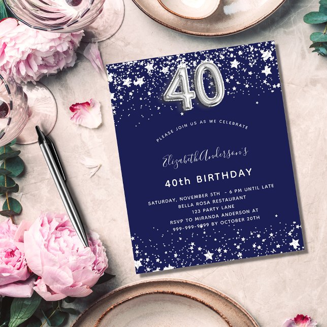 Budget 40th birthday navy blue silver invitation (Creator Uploaded)