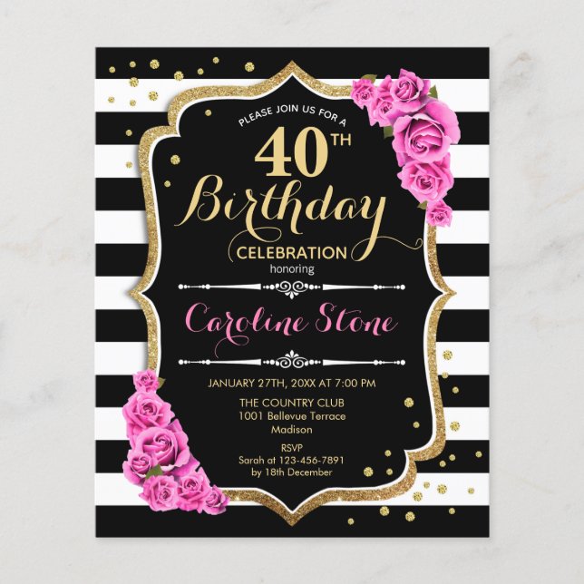 Budget 40th Birthday Pink Black White Invite Flyer (Front)