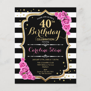 Budget 40th Birthday Pink Black White Invite Flyer