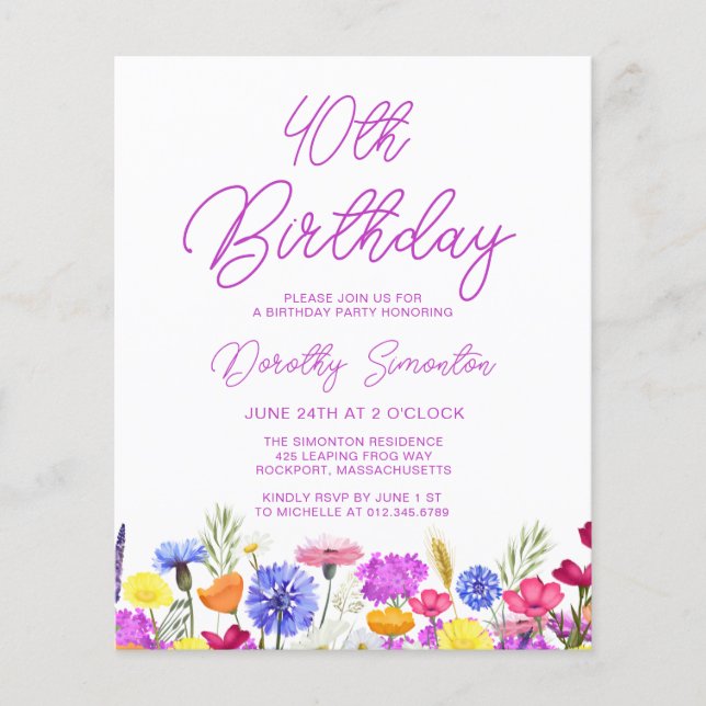 BUDGET 40th Birthday Purple Wildflower Invitation (Front)
