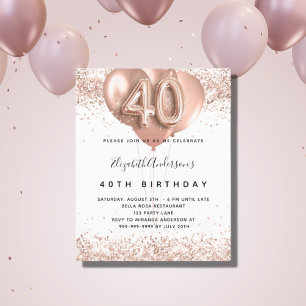 Budget 40th birthday rose gold balloons invitation