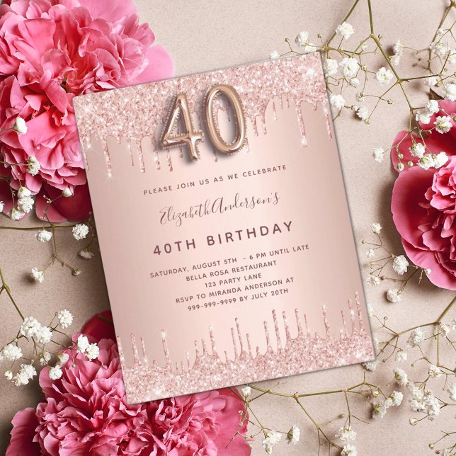 Budget 40th Birthday rose gold glitter invitation (Creator Uploaded)