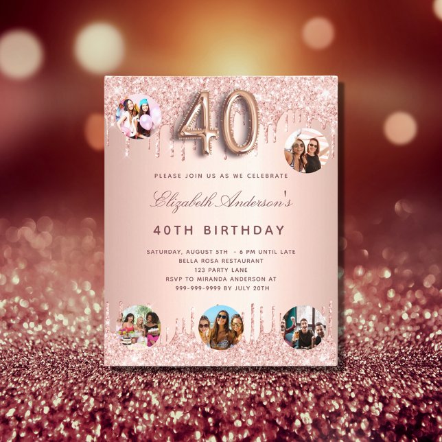 Budget 40th Birthday rose gold photo invitation (Creator Uploaded)