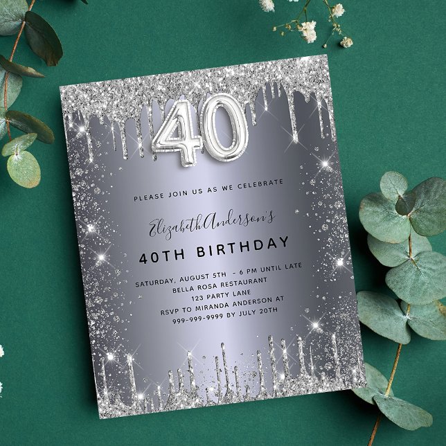 Budget 40th birthday silver glitter invitation (Creator Uploaded)