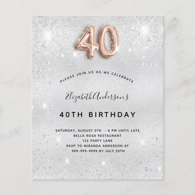 Budget 40th birthday silver rose gold invitation (Front)