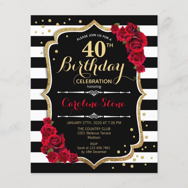 Budget 40th Birthday - Stripes Roses Invitation Flyer (Front)