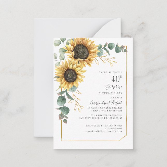 Budget 40th Birthday Sunflower Eucalyptus Floral Card (Front)
