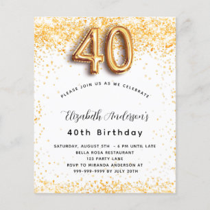 Budget 40th birthday white gold glitter invitation