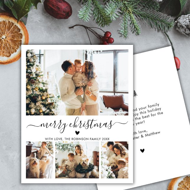 Budget 4 Photo Collage Heart Script Christmas Card (Creator Uploaded)
