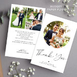 Budget 4 photo collage wedding thank you flyer<br><div class="desc">Simple modern trendy caligraphy script stylish black and white low budget wedding thank you PAPER FLYER (advertising type of paper) personalised with custom 4 photos, pre printed message, and signature on both sides. Please note that the colours of the text and background can be changed to match your wedding colour...</div>