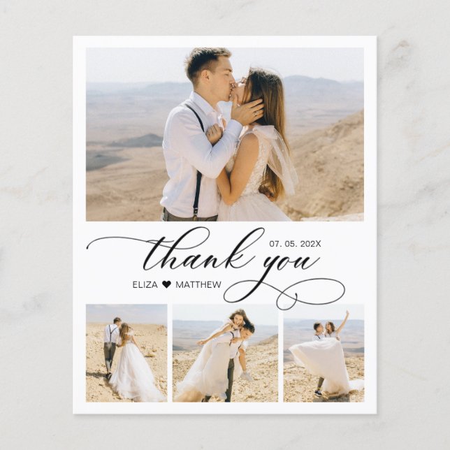 Budget 4 Photo Script Heart Wedding Thank You Card (Front)
