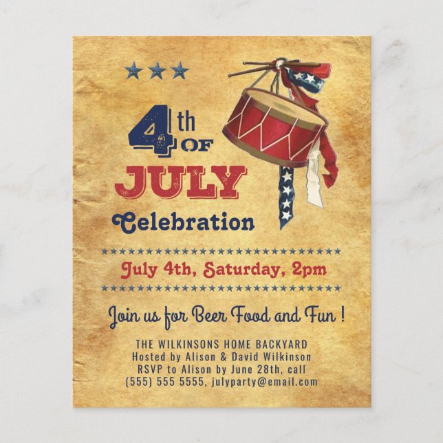 BUDGET 4th of JULY Vintage Drum Party Invitation (Front)